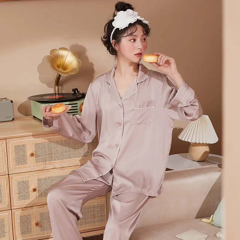 

Ice silk pajamas women's long sleeved trousers summer 2021 autumn simulated silk simple leisure home suit