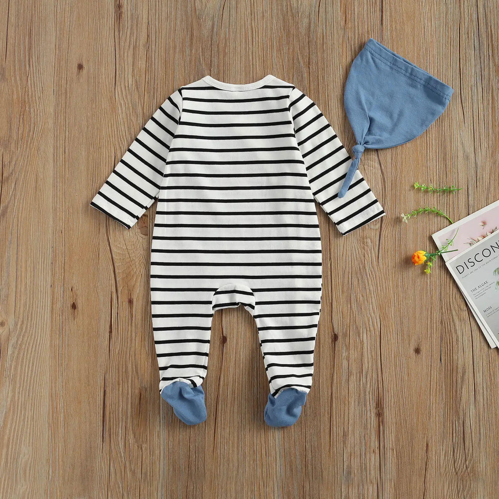 

2020 New Spring 0-6M Infant Baby Boy Girl 2Pcs Set Dot Print/Striped Single Breasted Long Sleeve Footie+Hat Newborn Clothes