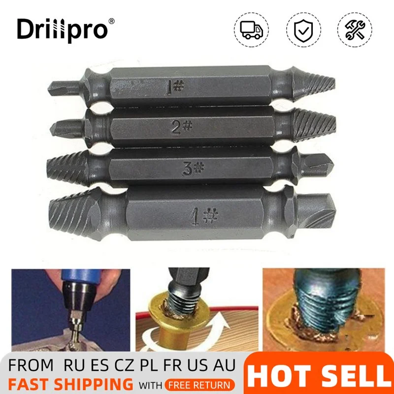 

Drillpro 4Pcs Damaged Screw Extractor Drill Bit Extractor Drill Set Broken Speed Out Bolt Extractor Bolt Stud Remover Tool