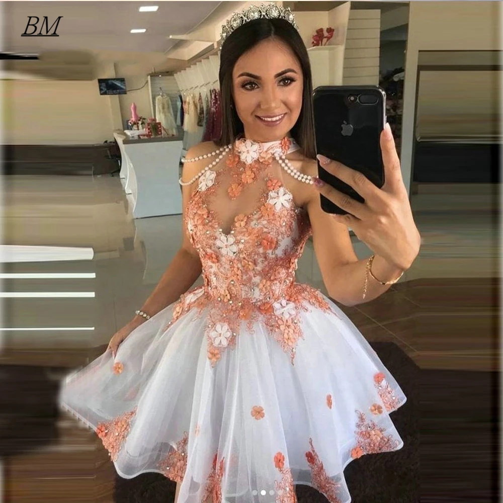 

New Halter Short Homecoming Dresses Flower With Beading Pearls Little Princess Birthday Mini Prom Graudation Cocktail Gown BM753