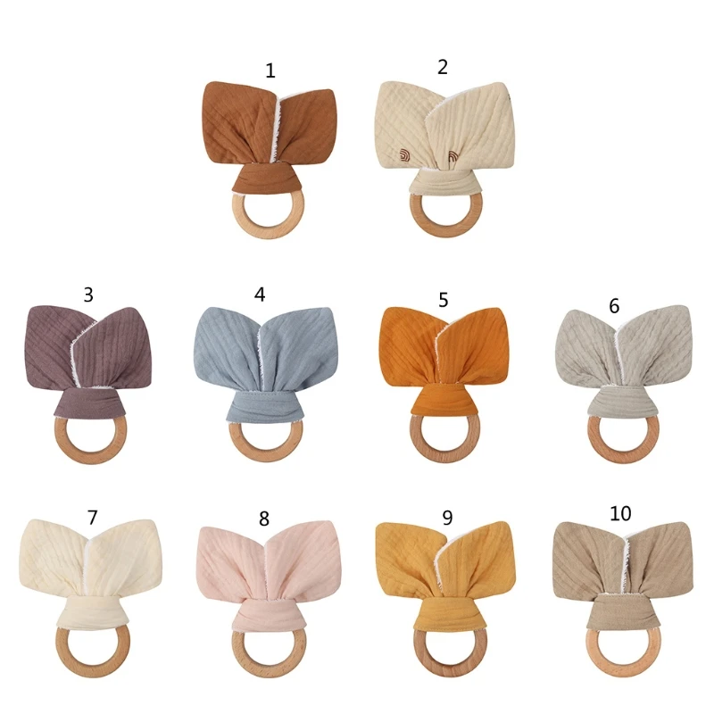 

Baby Wooden Ring Teether Soft Cotton Rabbit Ear Comforting Toy Teething Sensory Rattle Shower Gift for Infants Newborn