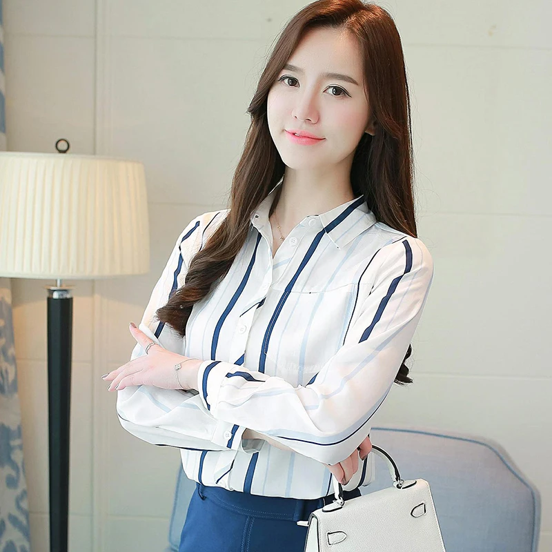 Корейская мода шифоновые женские блузки осенние полосатые белые рубашки размера