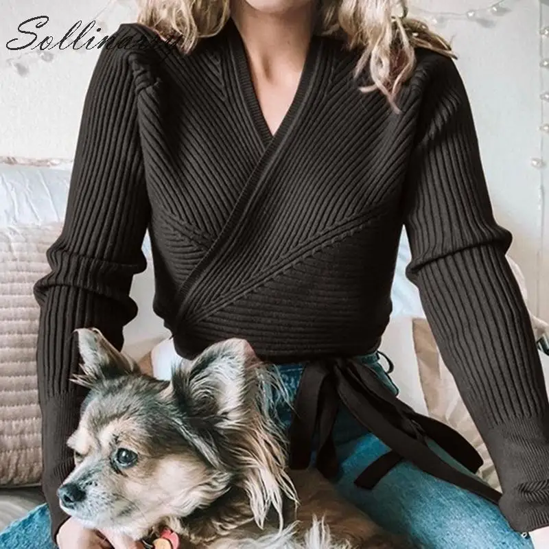 Sollinarry элегантные женские вязаные свитера с запахом кардиган модный Осень-зима