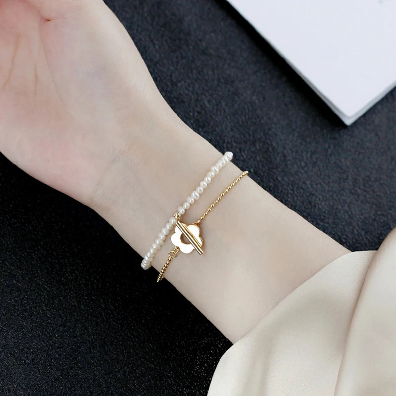 Женский браслет из двух частей элегантный классический с натуральным жемчугом и