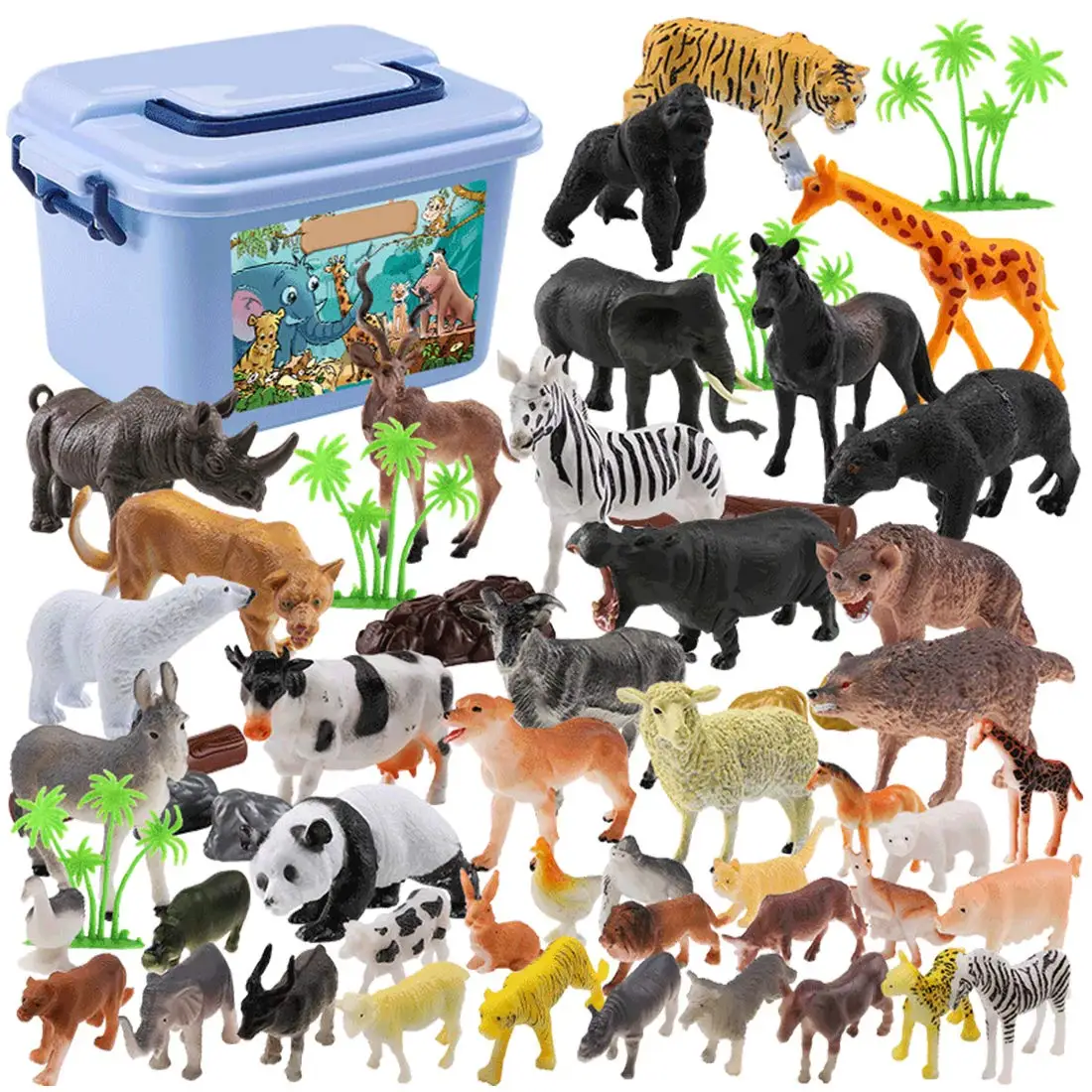 

Hot New 58PCS/Set Mini Jungle Animals Toys Set Animal Figures World Zoo Forest Toy for Children with Strong Box