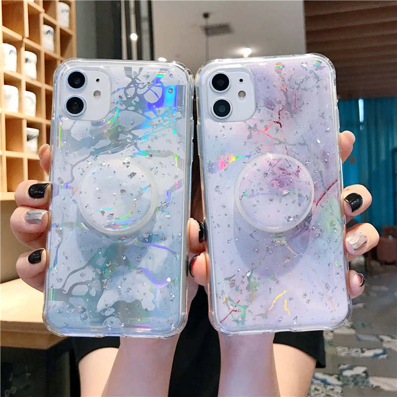 Блестящий блестящий чехол для IPhone 11 Pro Max XS XR X 6s 6 7 8 Plus Тонкий с подставкой