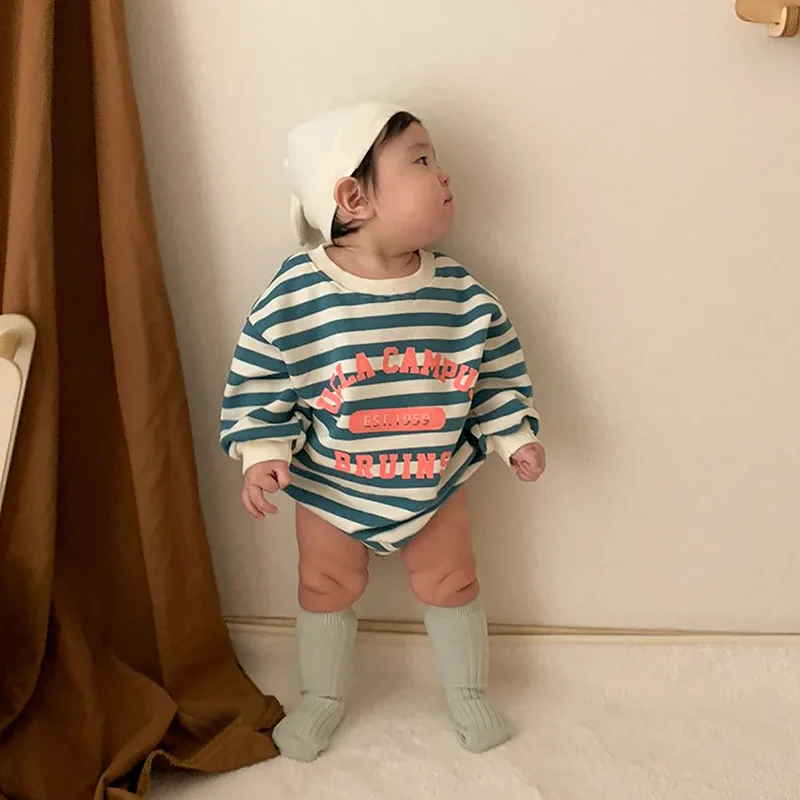 

New Boys Rompers Autumn Round Neck Sweater Girls Long Sleeve Striped Letter One-piece Clothes