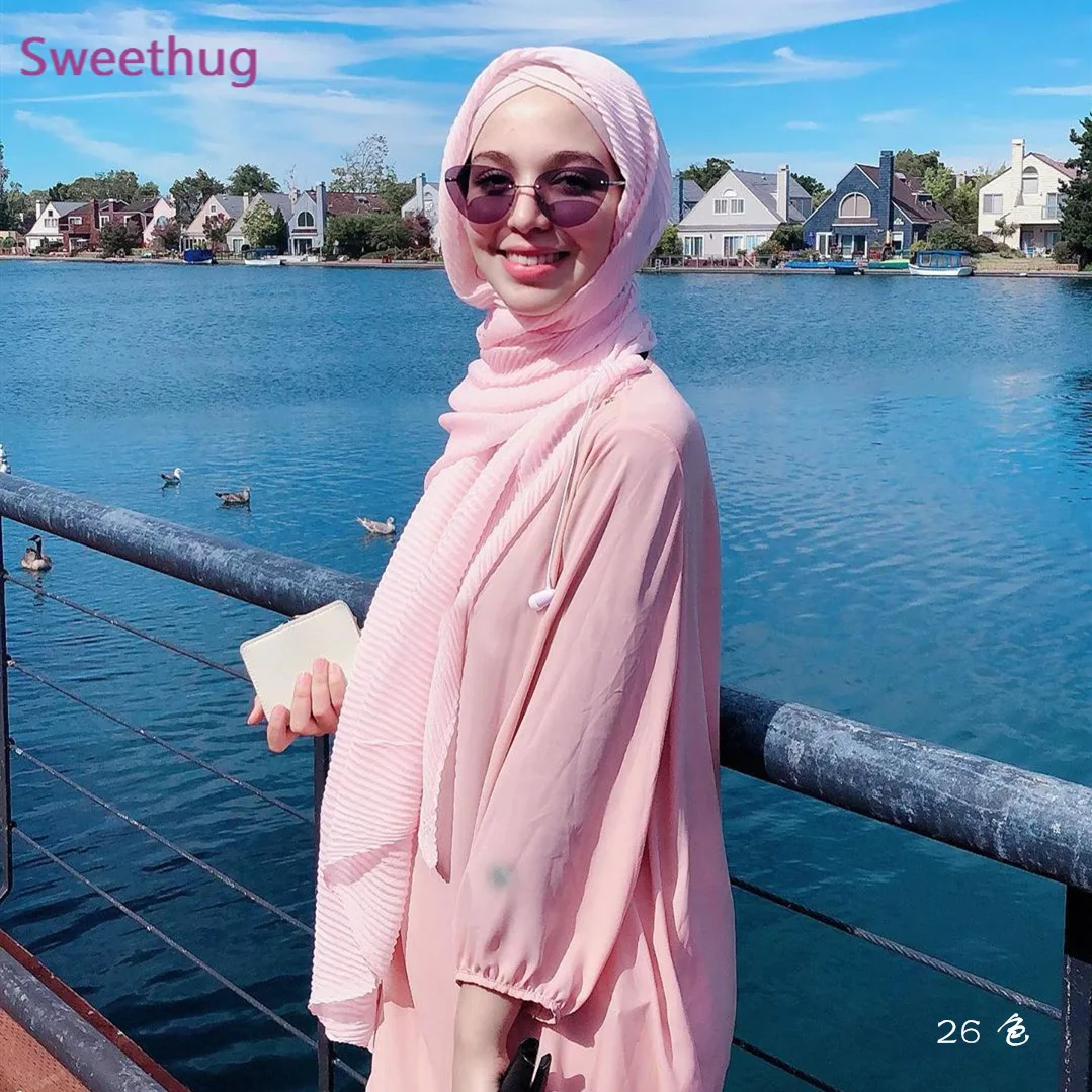 

Женский плиссированный длинный хиджаб, элегантная шаль, простой мусульманский хиджаб, женские шарфы со складками, шали, мягкий глушитель, 1 ...