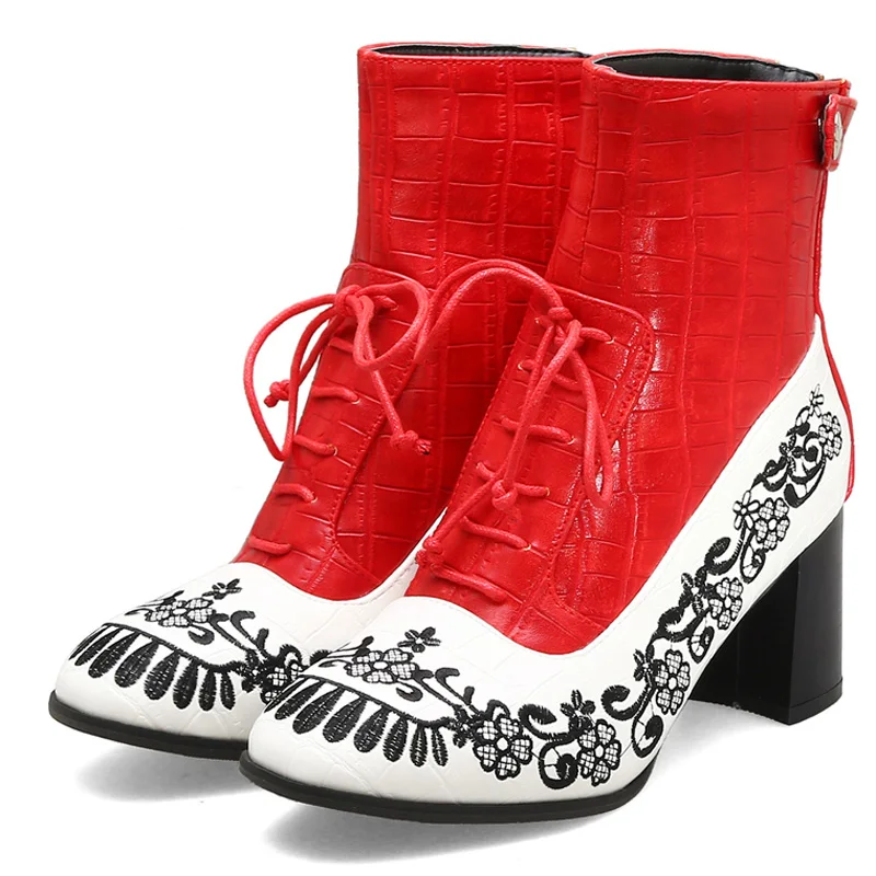 Осень зима сапоги женские ботильоны с вышитыми цветами Плотные туфли лодочки на