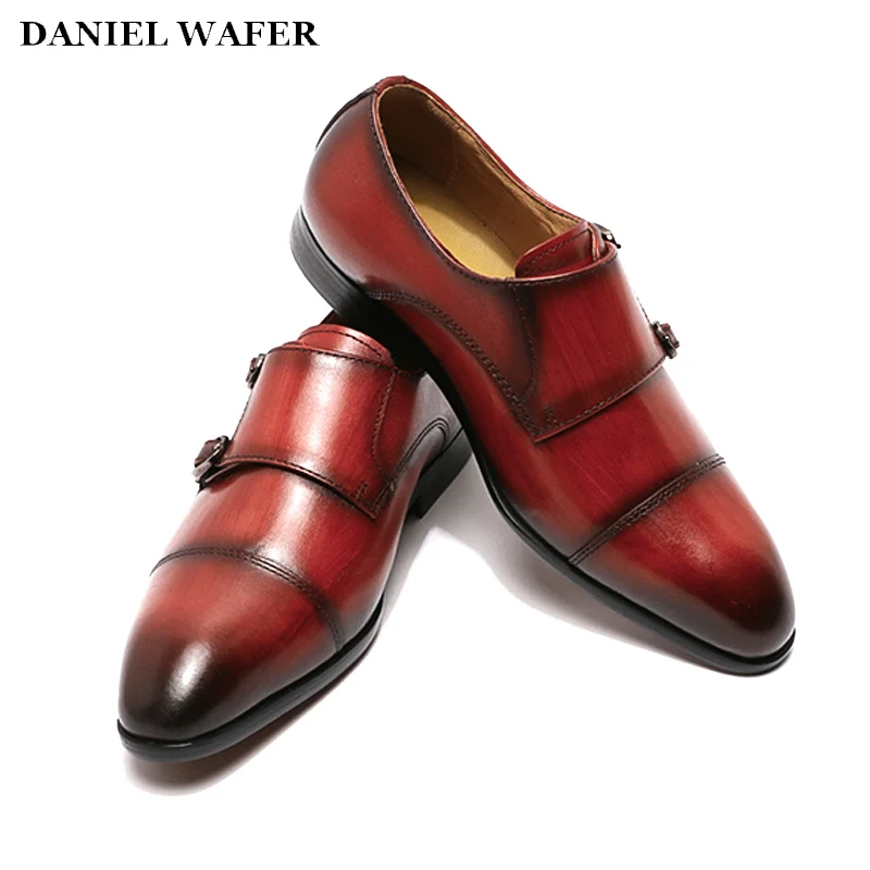 Zapatos de vestir de piel aut&eacute;ntica para ni&ntilde;os, calzado de alta calidad, Punta puntiaguda, correa de monje, fiesta para ni&ntilde;os, boda, escuela, negro y rojo-3