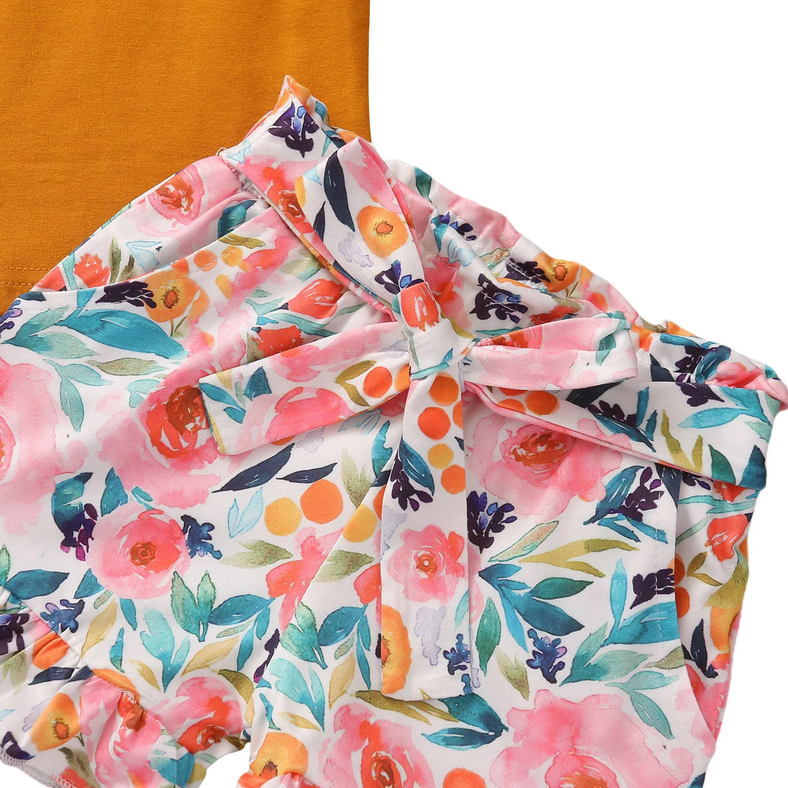 

OPPERIAYA Toddler Kids Baby Girls 2-piece Summer lovely Outfit Set Fly Sleeve Solid Color Tops pocket Floral Print Shorts Set
