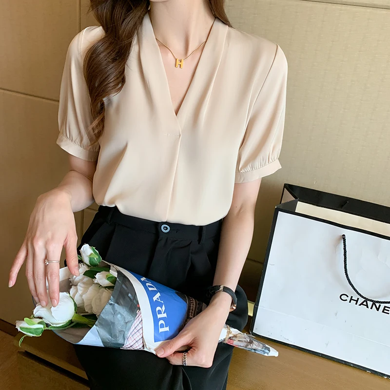 

Blouses Femme Top Short Sleeve White Blouse Women Blusas Mujer De Moda 2021 V-Neck Office Lady Chiffon Blouse Shirt Tops E892