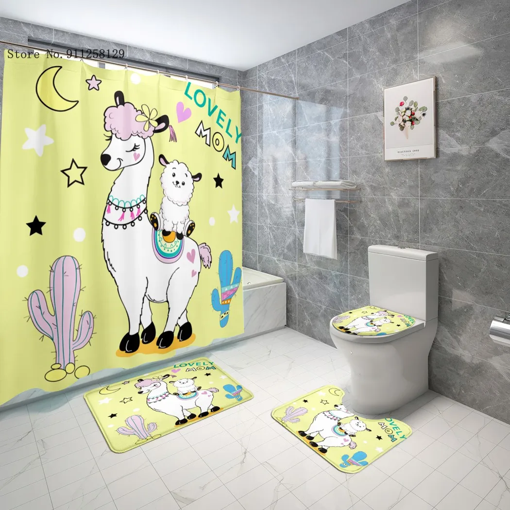 

3/4 Pieces Cartoon Alpaca Shower Curtain Set Lovely Cute Animals Pedestal Rug Lid Toilet Cover Mat Home Textile Bathroom Set