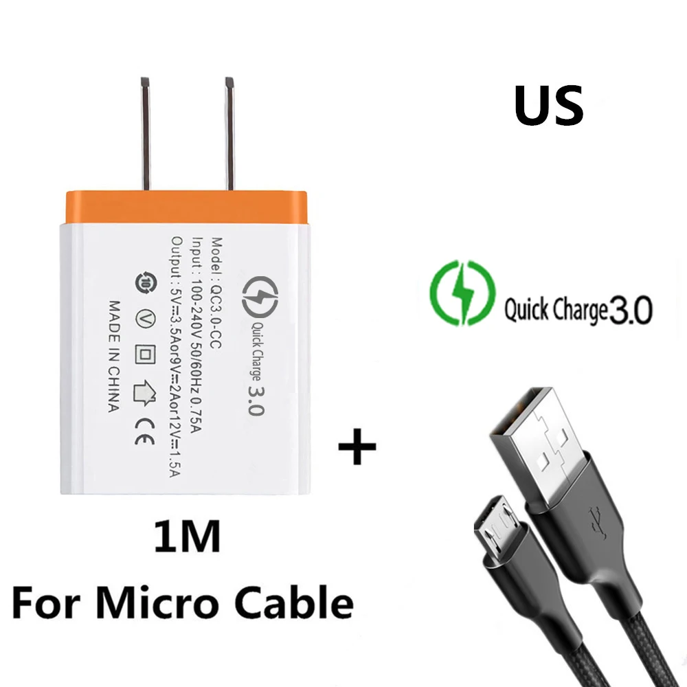Orange 18 Вт ЕС/США Быстрая зарядка QC 3,0 USB телефонный кабель для зарядного устройства быстрое зарядное устройство настенное зарядное устройство для samsung Xiaomi huawei Android микро-кабели - Тип штекера: Orange