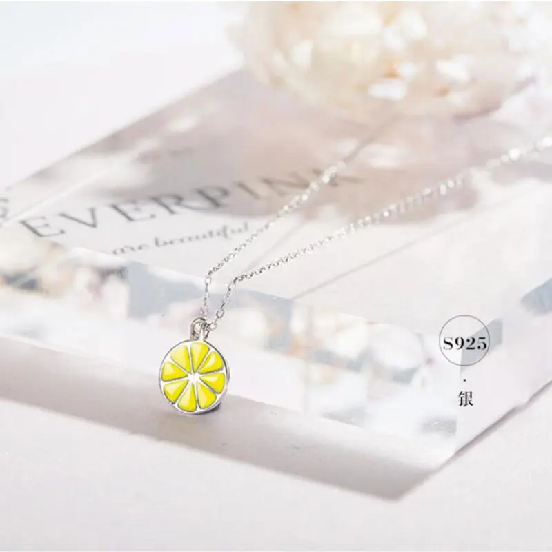 

POPACC 925 Sterling Silver Hot Simple Fresh Chic Clavicle Chain Necklace Yellow Lemon Fruit Necklace For Women Gift