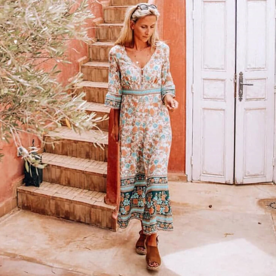 TEELYNN Gypsy Макси женские платья цвета хаки из вискозы с цветочным принтом летние платья сексуальное с v-образным вырезом с регулируемым поясом бохо платье vestidos