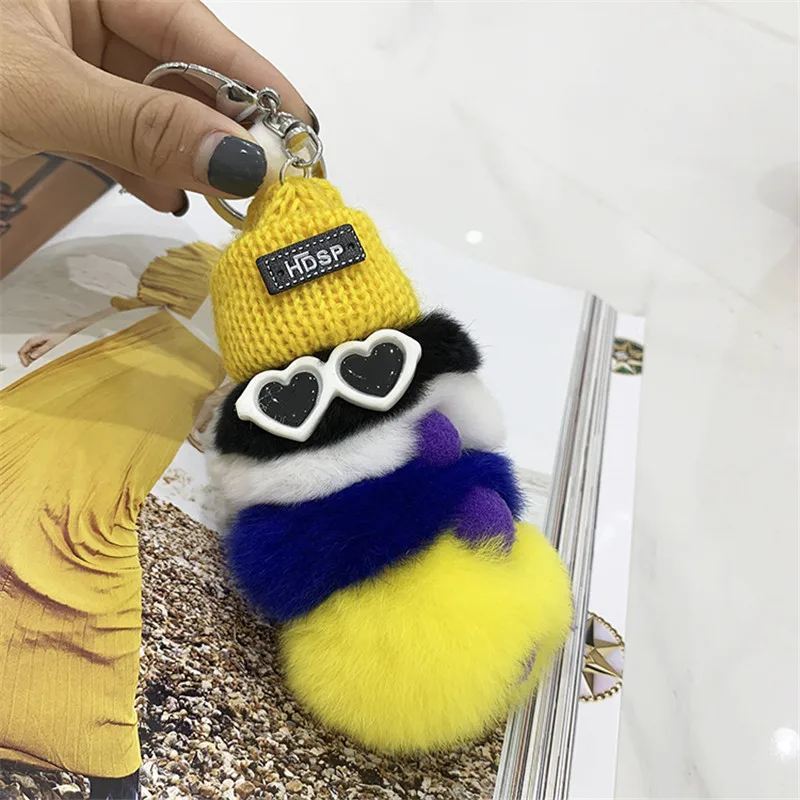 Women Genuine Rex rabbit fur Pendant Colorful caterpillar Fur Keychain Fluffy Toy Bag Car Charm Key Ring Couple Hanging chain | Украшения и