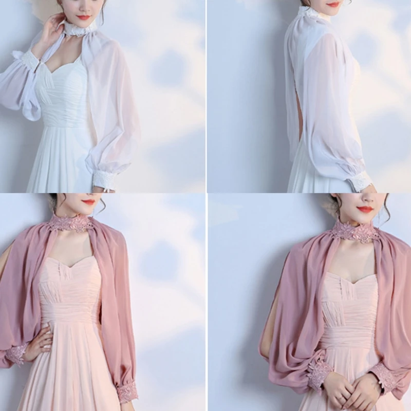 

Women Side Split Long Sleeve Wedding Shawl Cape Halter Neck Chiffon Shrug Capelet Open Front Lace Bridal Jacket Bolero