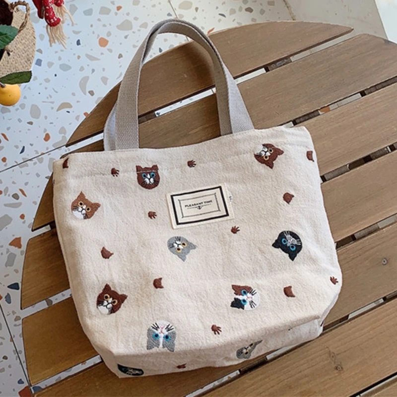 

Women Canvas Handbags Cartoon Lightweight Lunch Bags Solid Color Cute Cat Lunch Bags Casual Portable School Bag