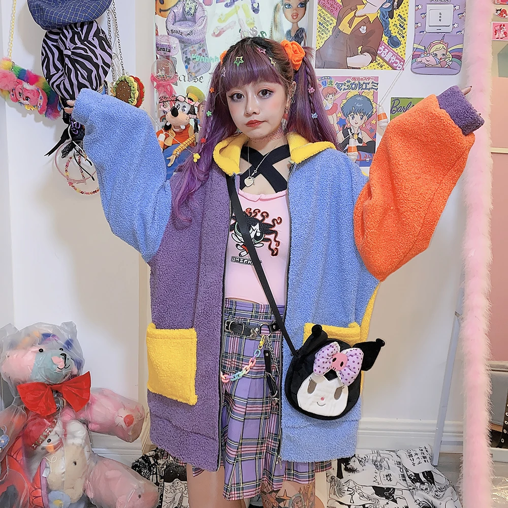 

Harajuku jackets contrast makaron candy color splicing lamb hair hooded sweet loose coats
