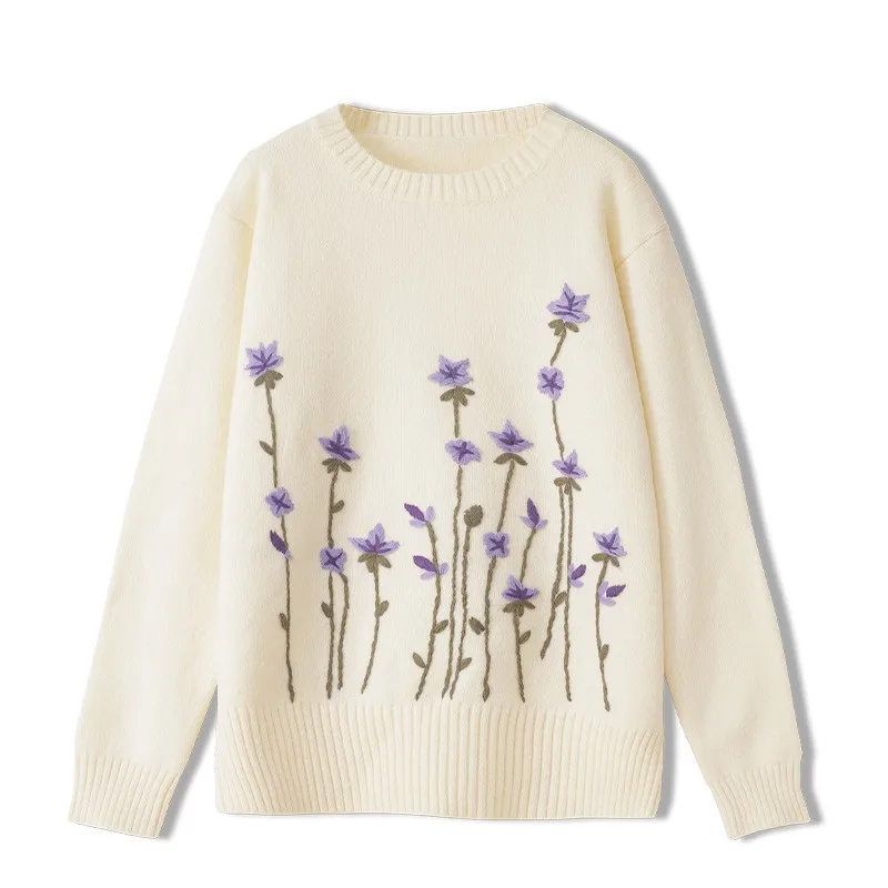 

YYCZF Jumper Women Stereo Crochet Embroidery Purple Floral Pullover Sweater Round-Neck Long Sleeve Fall Winter Loose Pullover