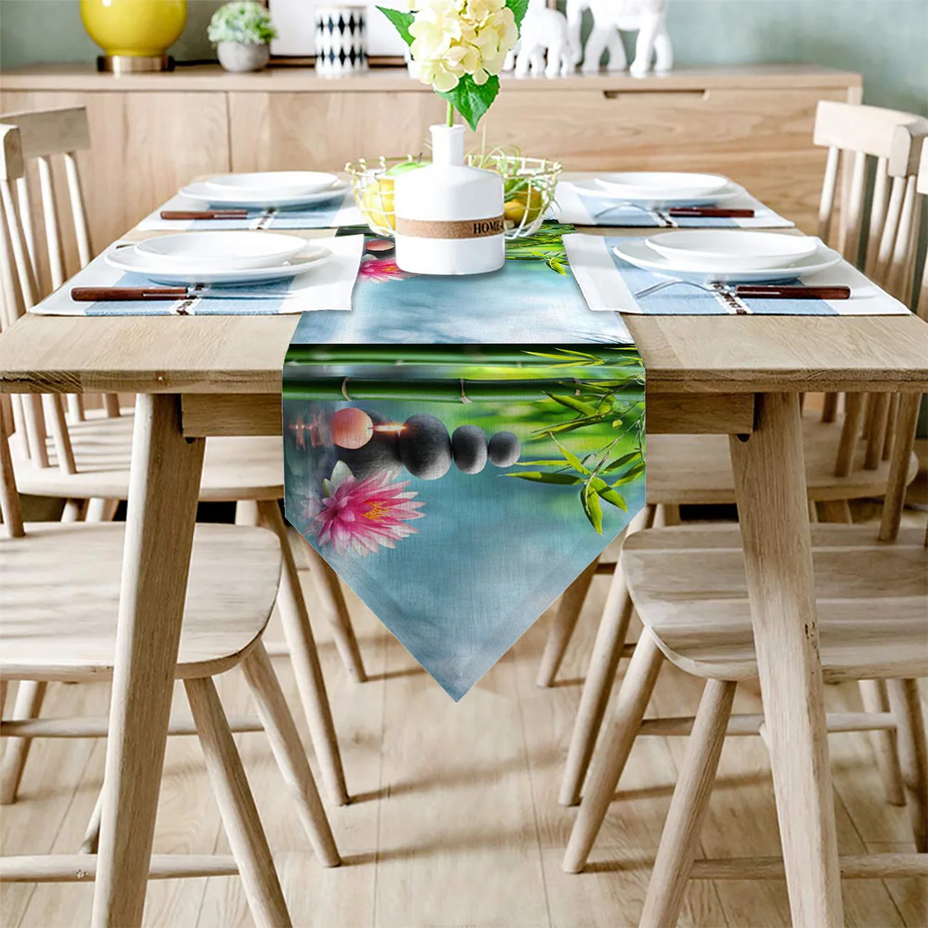 Лотос бамбуковые камни свеча спа Зен синий настольный бегун флаг Домашняя