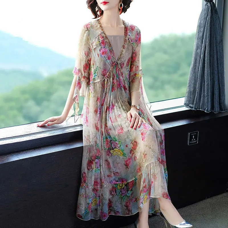 

2021 New Summer Women Chiffon Floral Print Dresses Vintage Dress Elegant A-Line Ruffles Plus Size 3xl Bodycon Vestidos A60