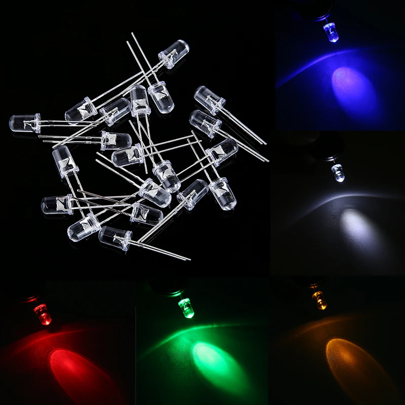 

100pcs 5mm Round LED Diodes Assortment Kit Clear Red Green Blue Yellow White 20-25 View Angle