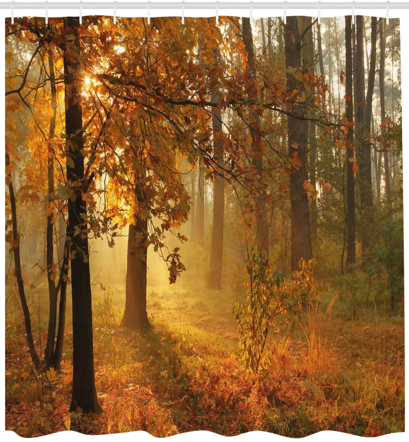 

Fall Decor Shower Curtain Misty Autumn Forest with Rising Sun Early Morning in Foggy Woods Scenery Fabric Bathroom Decor Set
