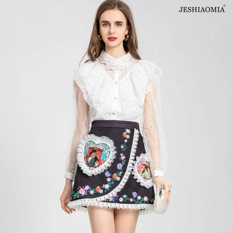 

JESHIAOMIA- 2021 летний кружевной лоскутный топ с оборками и юбка с сердечками