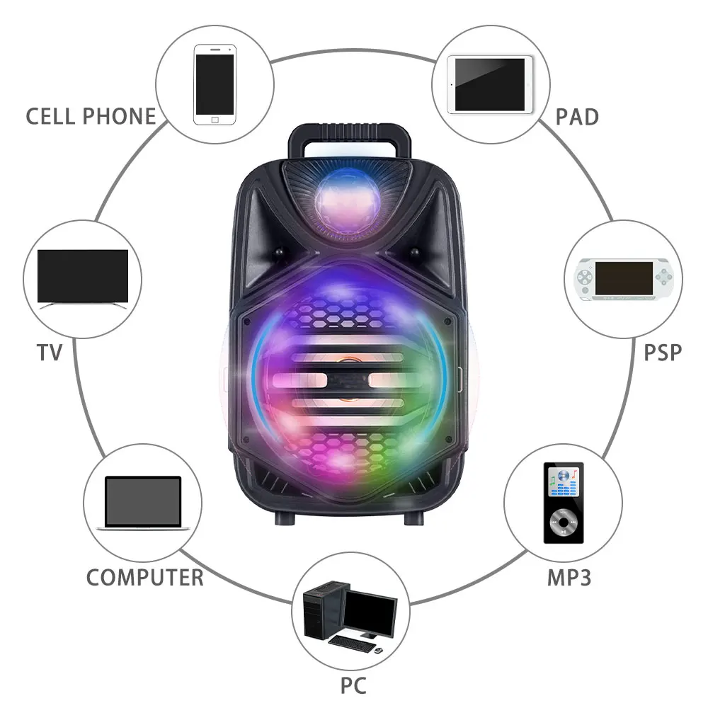 

8 Inch Portable Bluetooth Karaoke Machine With Mic System Loudspeaker Support SD Card USB AUX Wireless Outdoor Speaker