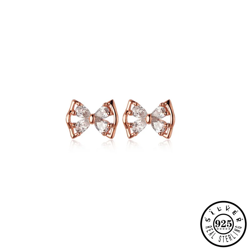 

925 Sterling Silver Small Cute Bowknot Shape Rose Gold Color Plated Cubic Zirconia Stud Earrings for Women Girls