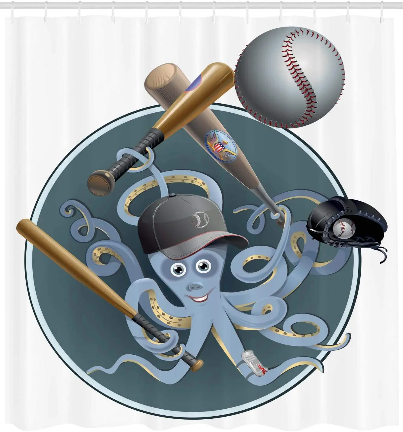 Осьминог занавеска для душа игра Бейсбол с кепкой перчатки мяч и летучая мышь