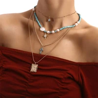 vintage boho evil eye cross star lucky pendant necklaces for women irregular pearl drop glaze roses pentagram necklaces jewelry
