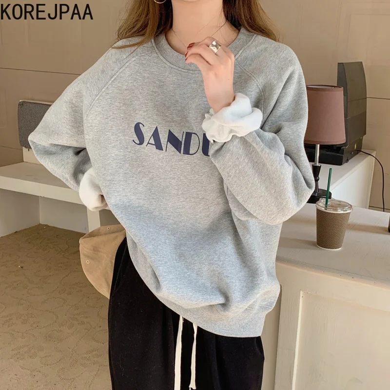 

Korejpaa Casual Letter Printing Sweatshirts Women Korean Style 2021 Autumn New Long Sleeve O-neck Warm Top Streetwear Fashion