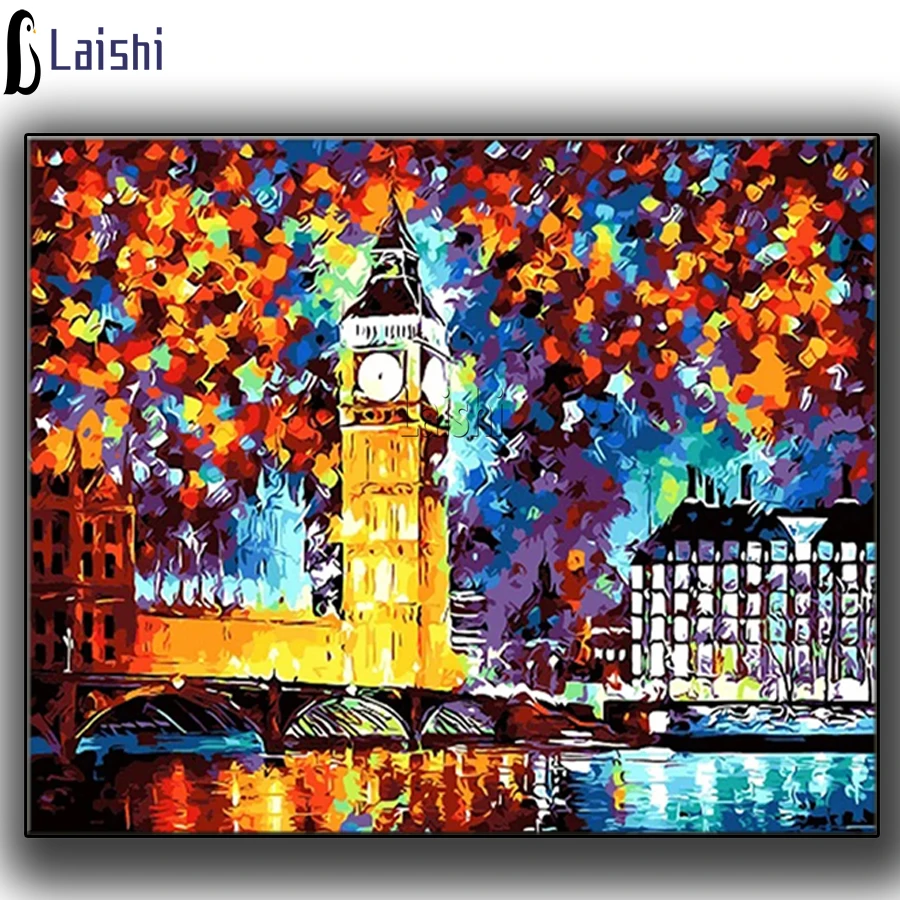 

Набор для рисования на холсте, граффити с бриллиантами, пейзаж города, ручная роспись, подарок «сделай сам», полная круглая дрель, Ландшафтн...