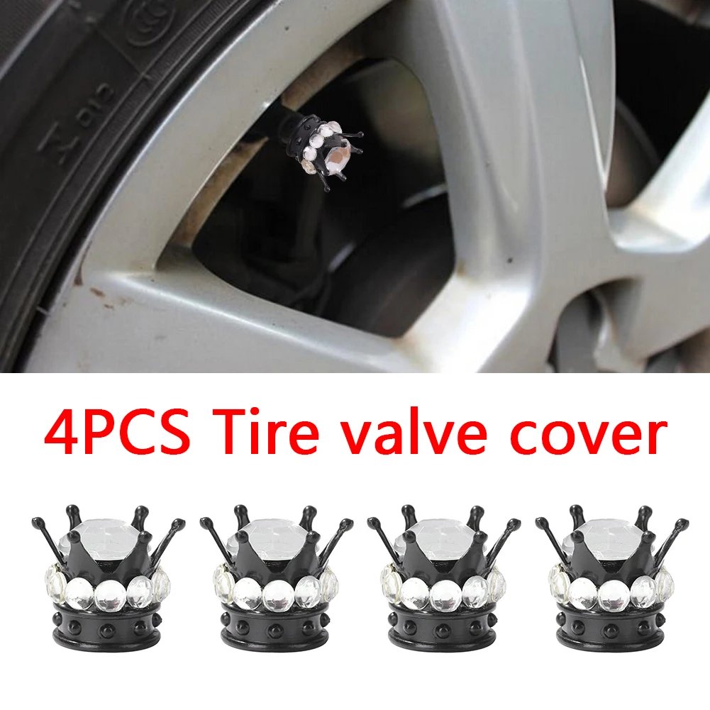 

4pcs Universal Car Styling Bling Rhinestone Black Crown Wheel Tire Valve Cap Copper Core Auto Truck Tyre Rim Stem Dust Air Cover