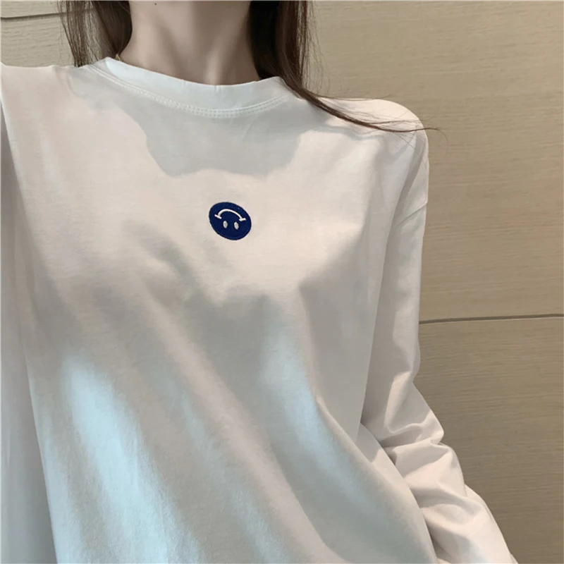 

Woman Oversized T Shirts White Korean Style Long Sleeve Tops Brushed Embroidery Clothes Plus Size Femme Bts Kpop Mujer Camisetas