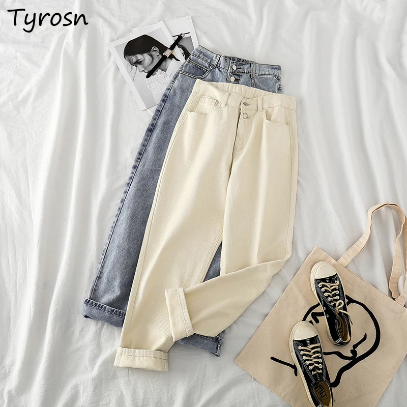 

Jeans Women Ankle-length Vintage High Waist Chic Solid Daily All-match Korean Style Elegant Bf Straight Denim Trousers Leisure