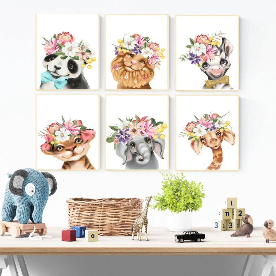 

Flower Panda Elephant Lion Tiger Giraffe Monkey Wall Art Canvas Painting Nordic Posters And Prints Wall Pictures Kids Room Decor