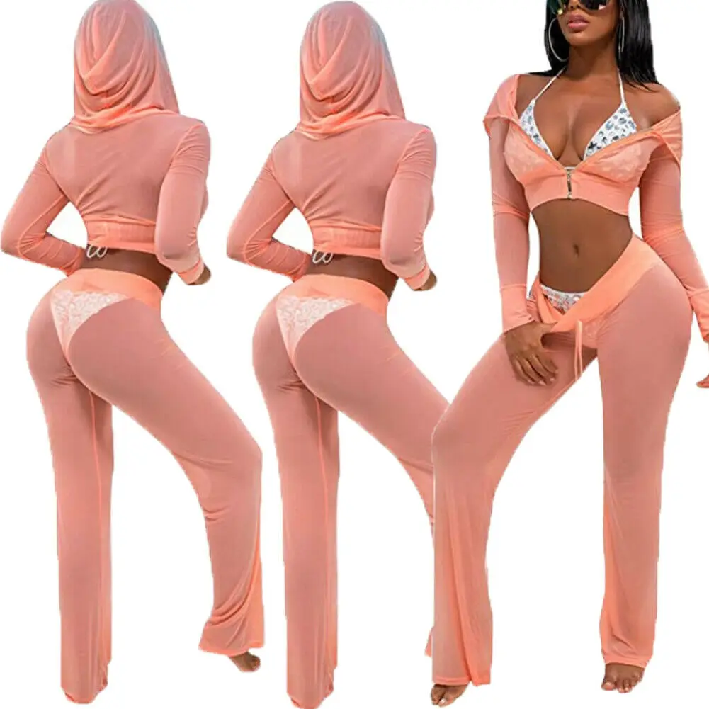 Hot Women Sexy Beach Mesh Sheer Bikini Cover Up Set Female Hoodie Swimwear Bathing Tops+Pants Ups Suits | Женская одежда