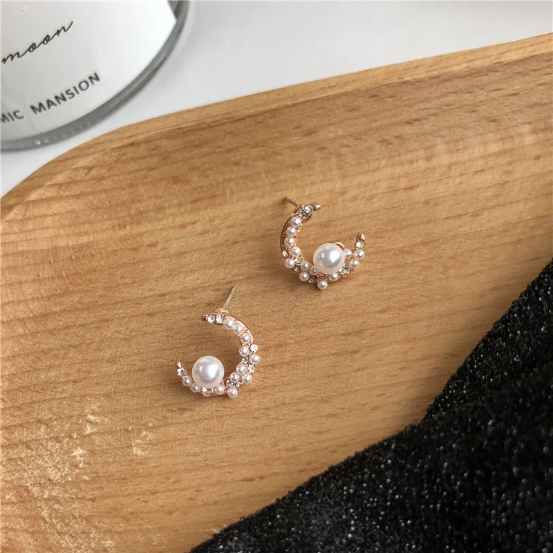 Женские серьги с имитацией жемчуга гвоздики Луной и стразами бижутерия для