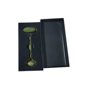 Роликовый лицевой массажный ролик с зеленым нефритом с двойной головкой, массажер для лица из натурального камня, инструмент для расслабления лица с коробкой