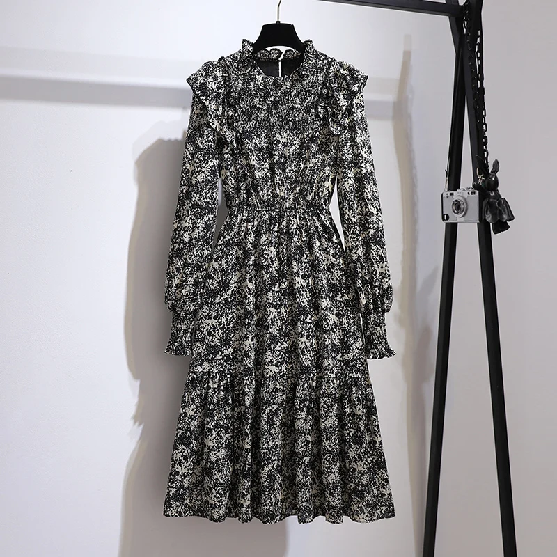 

Plus Size Office Ladies Elegant Long Sleeve Print Chiffon Dresses Autumn Ruffle Patchwork Vintage High Waist A-line Midi Vestido