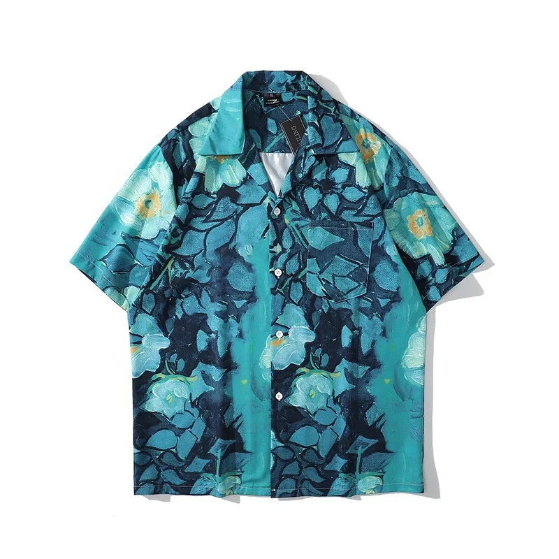 

Men Shirt Short Sleeve Black Green 2021 New Arrival Summer Loose Flowers Male Shirt Thin Fashion Chinese Style Hot Sale S87