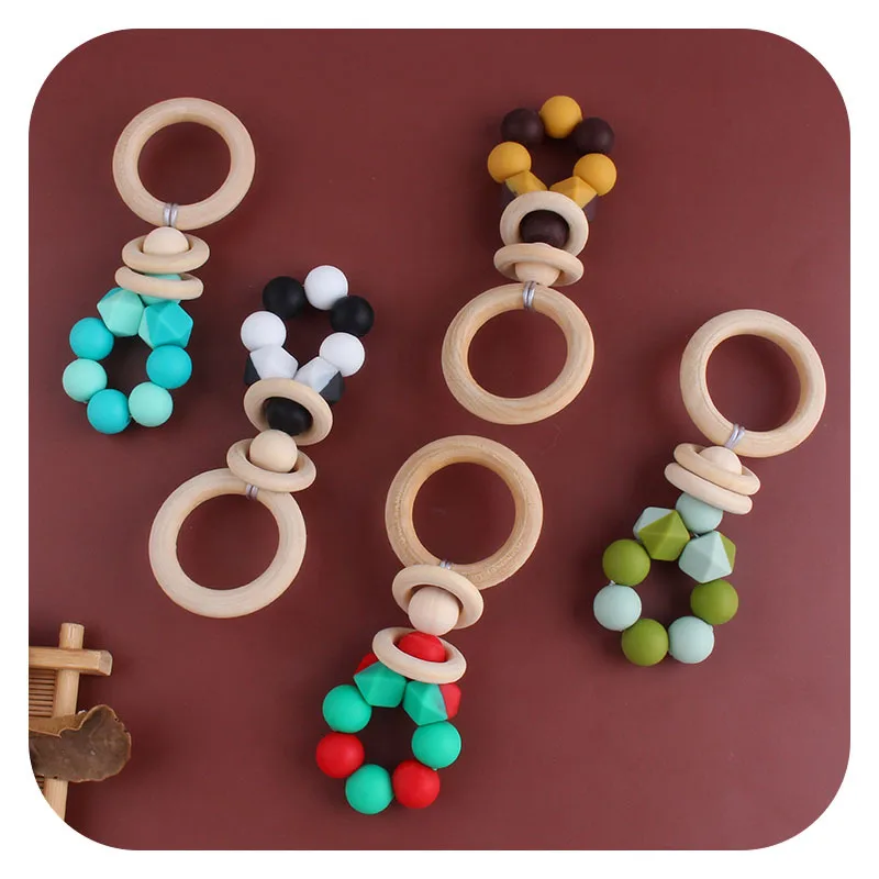 Coskiss-Anillo de madera Hemu con cuentas de silicona, juguete de chupete de dibujos animados, artesan&iacute;as de madera, accesorios para mordedores de beb&eacute;-3