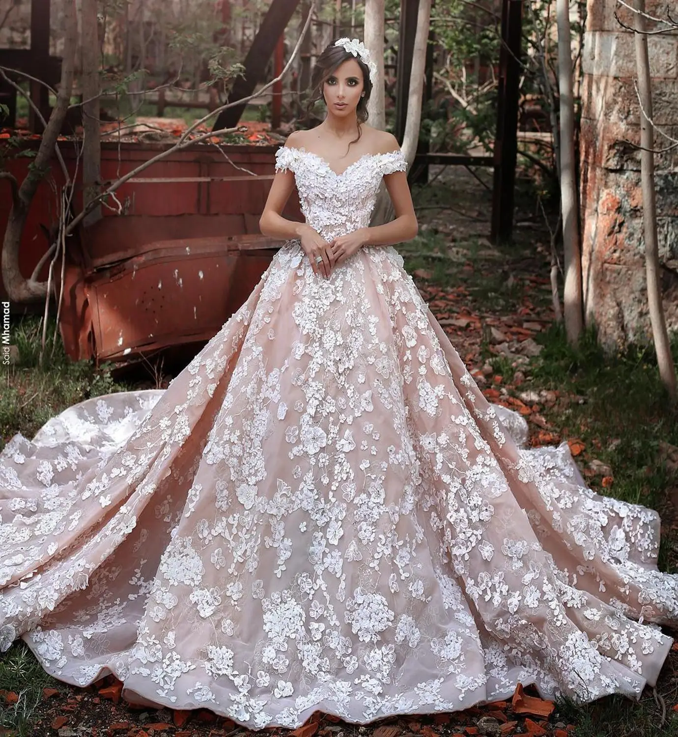 

Arabic robe de mariée Ball Gown Blush Wedding Dress with 3D Appliqued Sweetheart Bridal Gowns Chapel Train vestido de novia