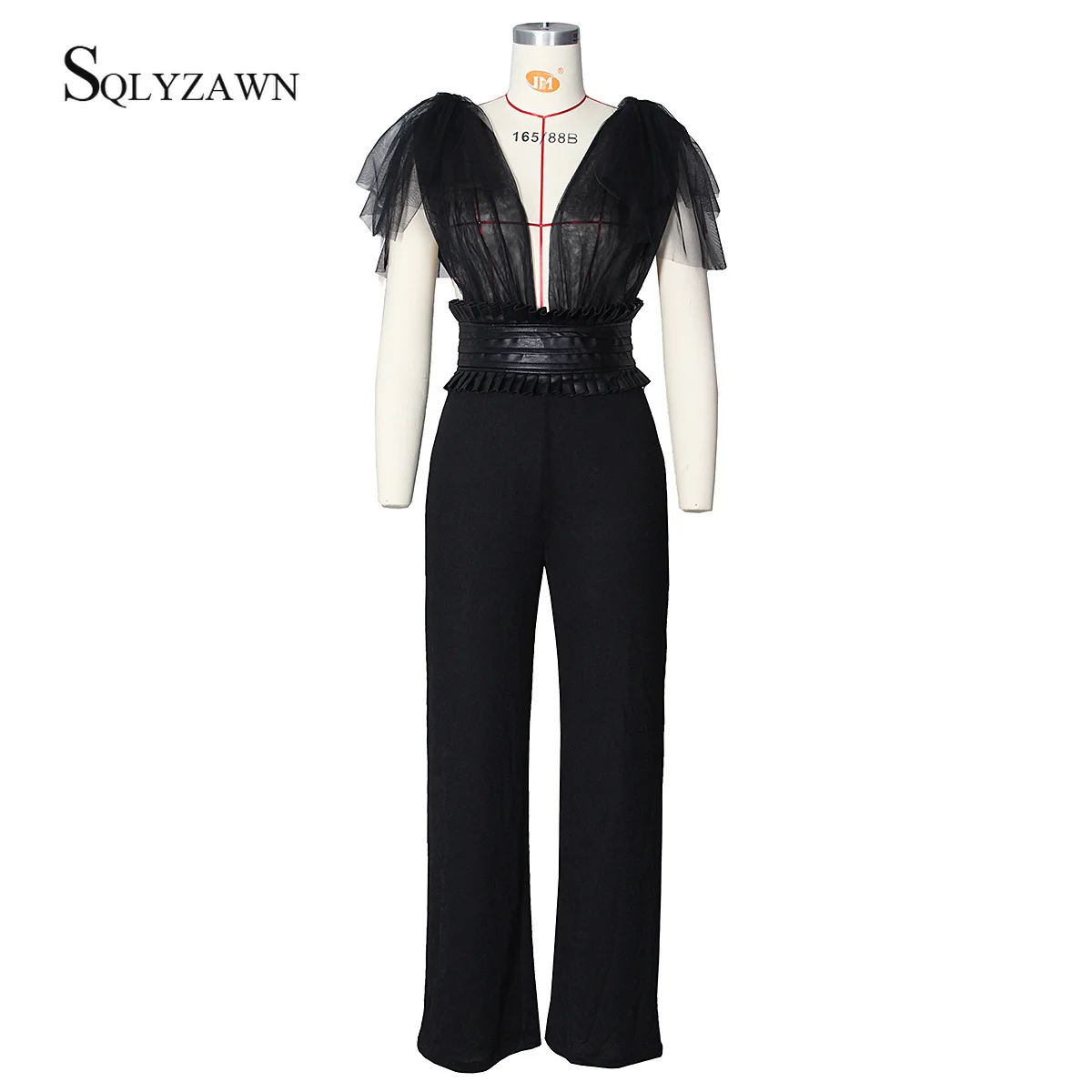 

2020 Summer Women Elegant White Sexy V-Neck Party Jumpsuit Shaped Waistband Slim Fit OutfitsPatchwork Mesh Jumpsuit Overalls 2XL