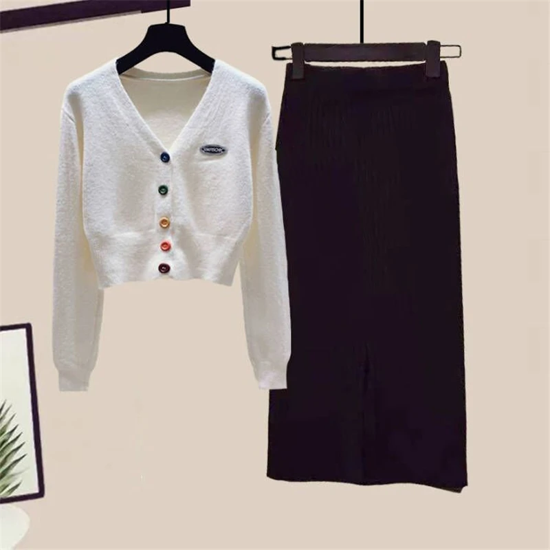 

New Fall Women Elegant Skirt 2 Piece Sets Candy Single Breasted Suit V-Neck Short Cardigan Sweater Outfit Knit Knee Length Dress
