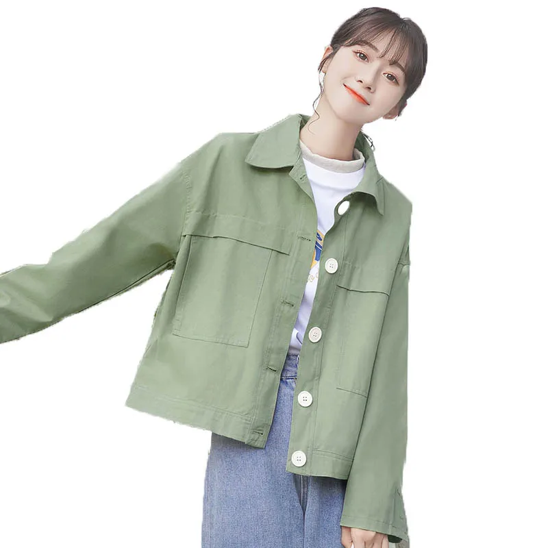 

Женская джинсовая куртка с отложным воротником, Повседневная Свободная короткая джинсовая куртка зеленого цвета с длинным рукавом, весна-о...
